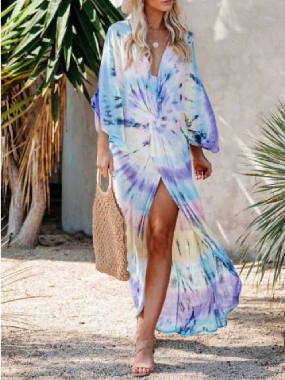 Surf Gypsy Tie-Dye Pastel Maxi Dress Beach Cover Up V-Neck Knot Front SMALL NEW